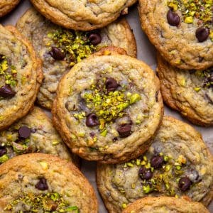 Pistachio Chocolate Chip Cookies laid out flat shot from overhead.