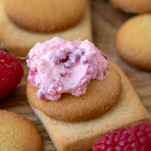 Raspberry Cheesecake Dip on a vanilla wafer very close up.