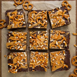 Salted Caramel Pretzel Brownies cut into squares from overhead.