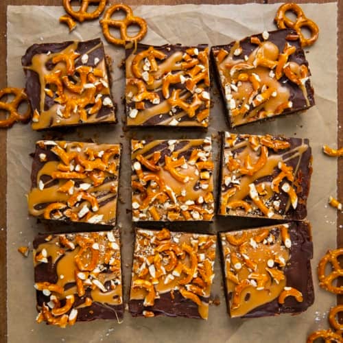 Salted Caramel Pretzel Brownies cut into squares from overhead.