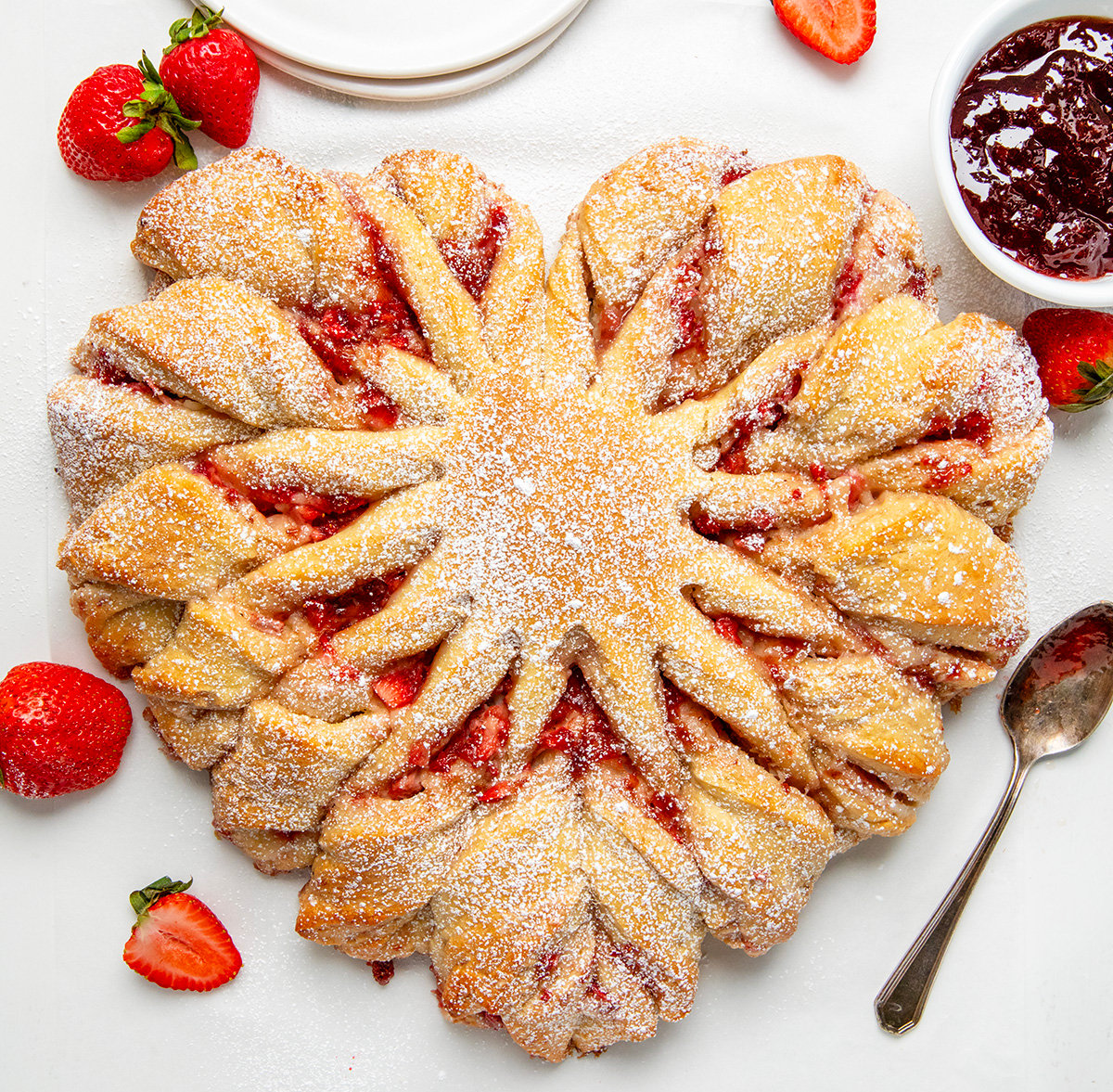 Strawberry Heart Bread on a white counter from overhead.