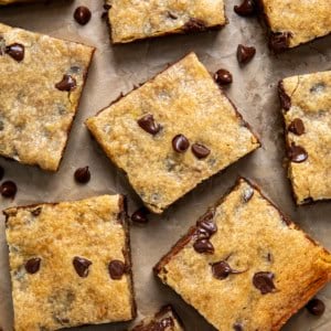 Banana Chocolate Chip Bars cut into squares from overhead.