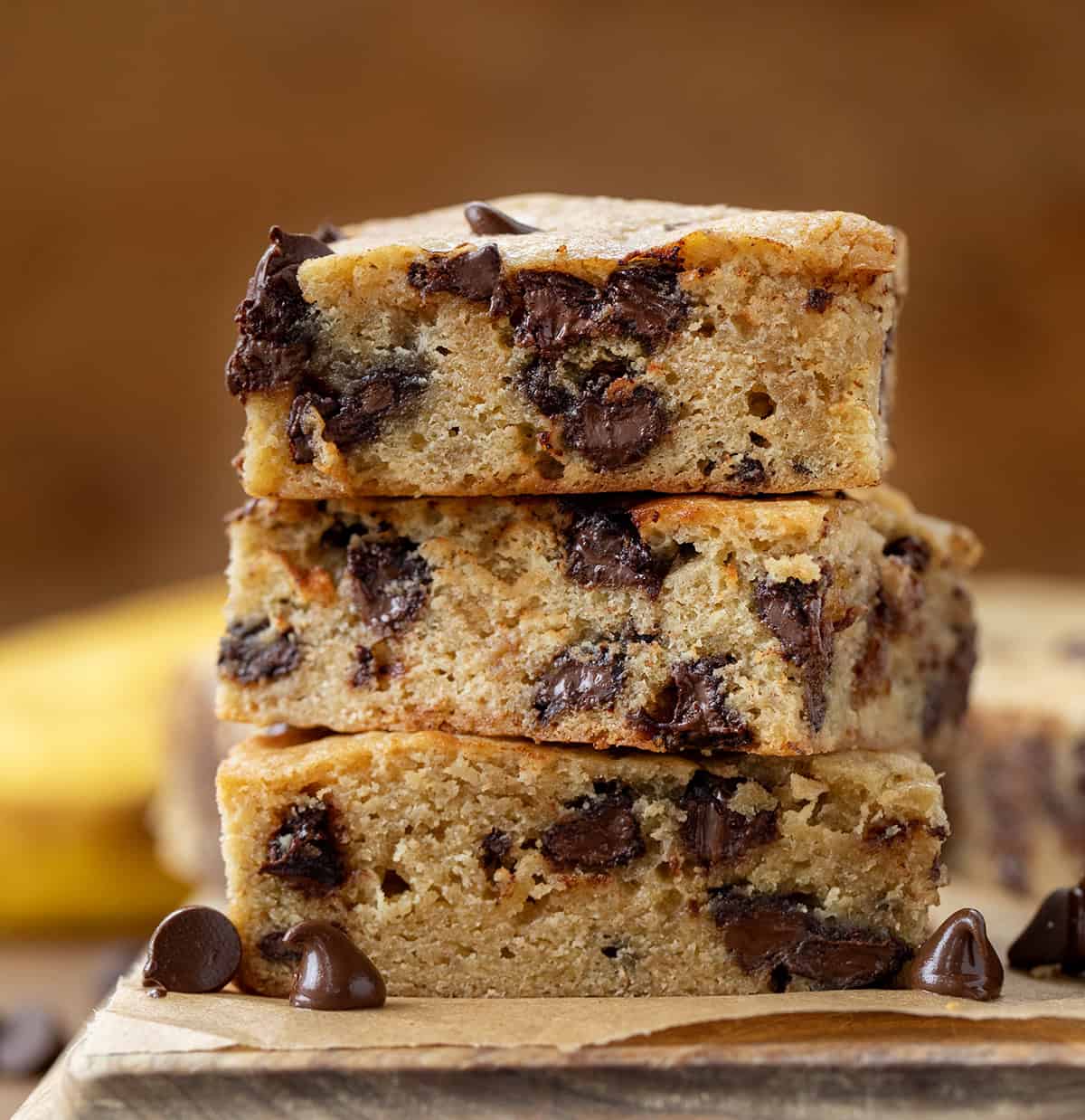 Stack of Banana Chocolate Chip Bars close up.