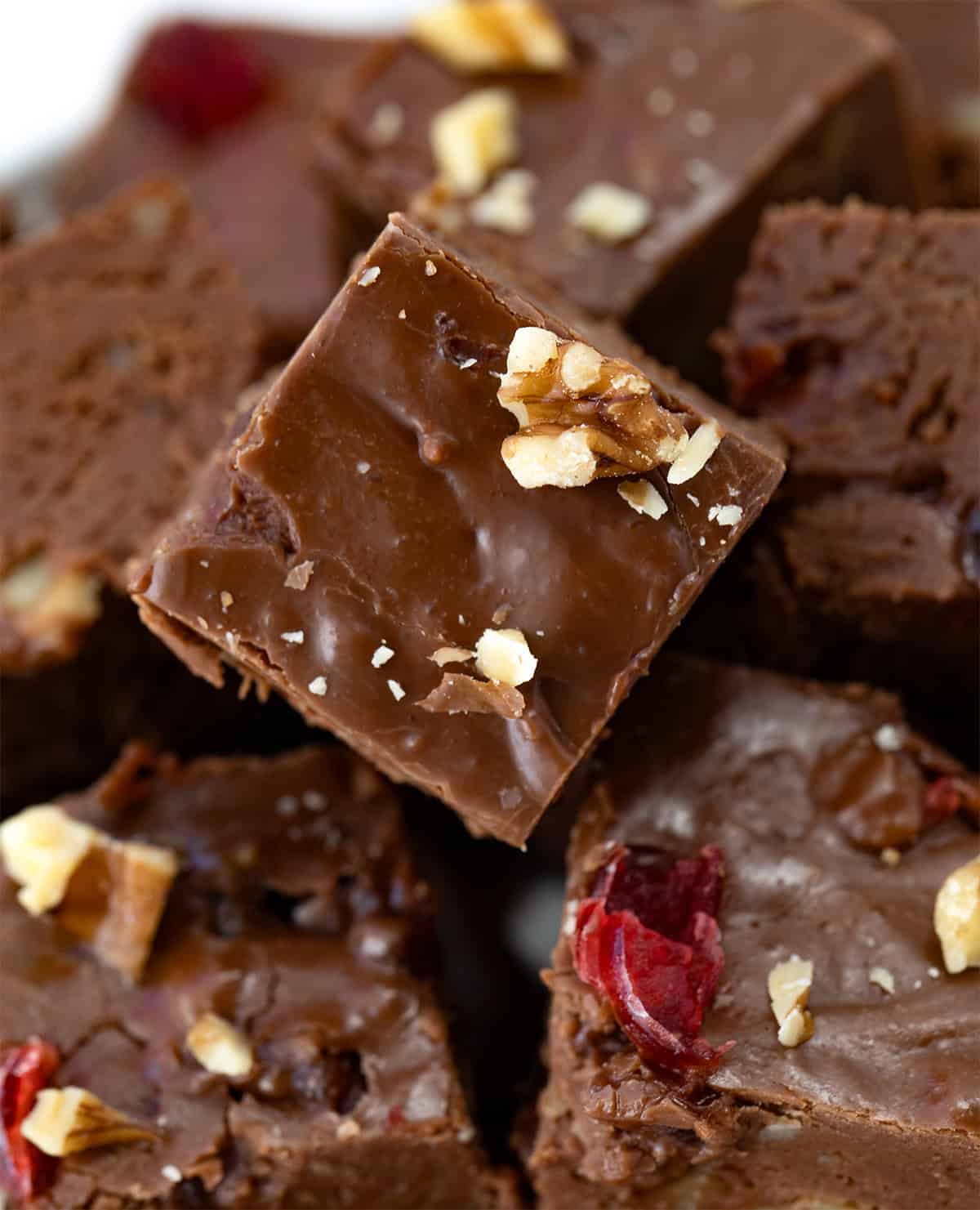 CLose up of cut-up pieces of Cherry Fantasy Fudge.