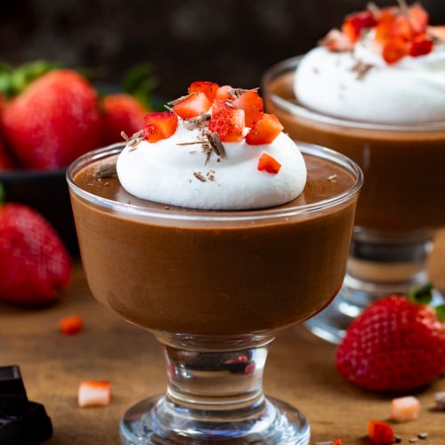 Close up of Chocolate Marshmallow Mousse on a wooden table.