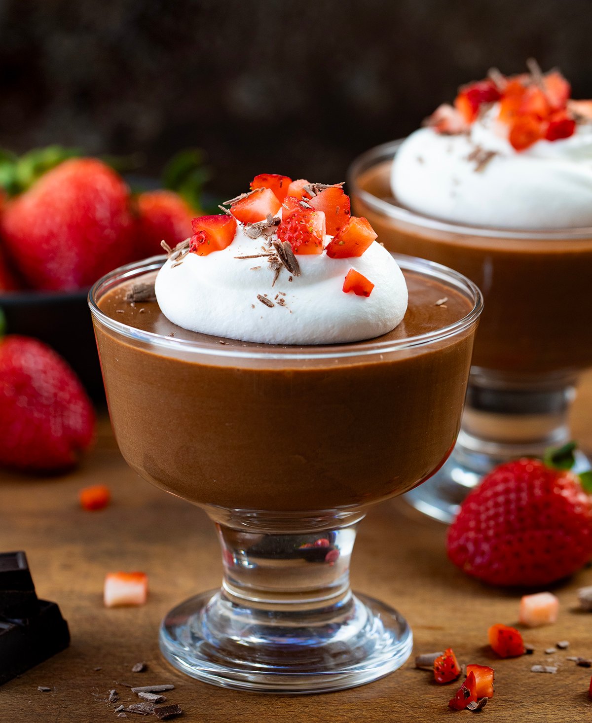 Close up of Chocolate Marshmallow Mousse on a wooden table.