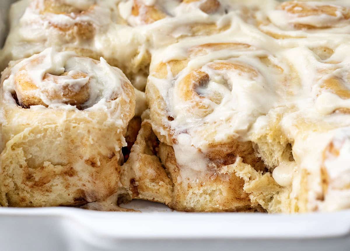 One Hour Cinnamon Rolls in the pan very close up.