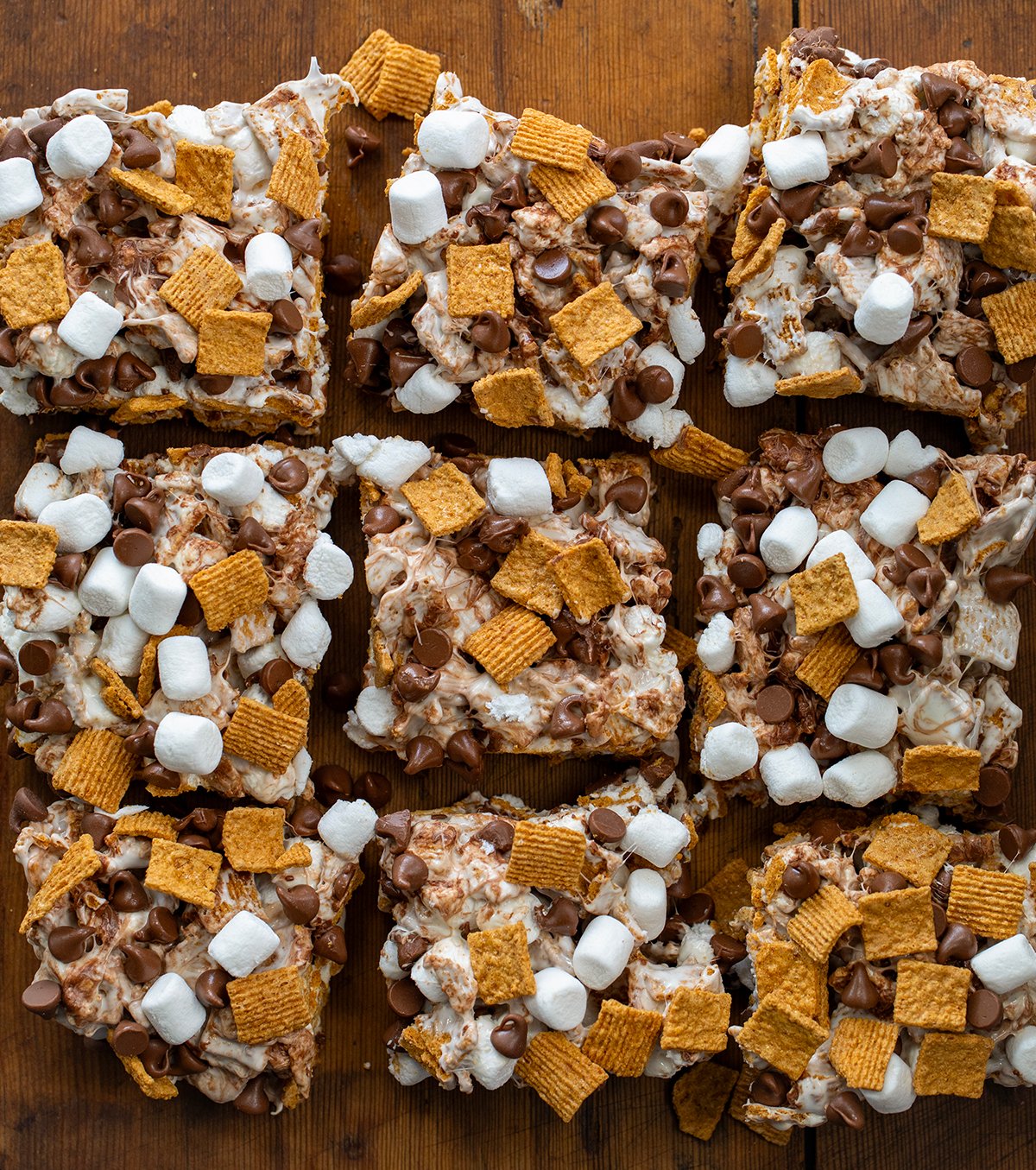 Looking down on a table with S'mores Bars cut into squares.