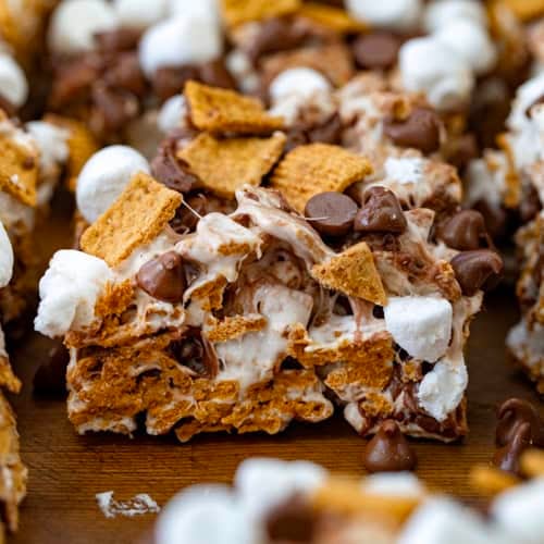 Close up of S'mores Bars on a wooden table.