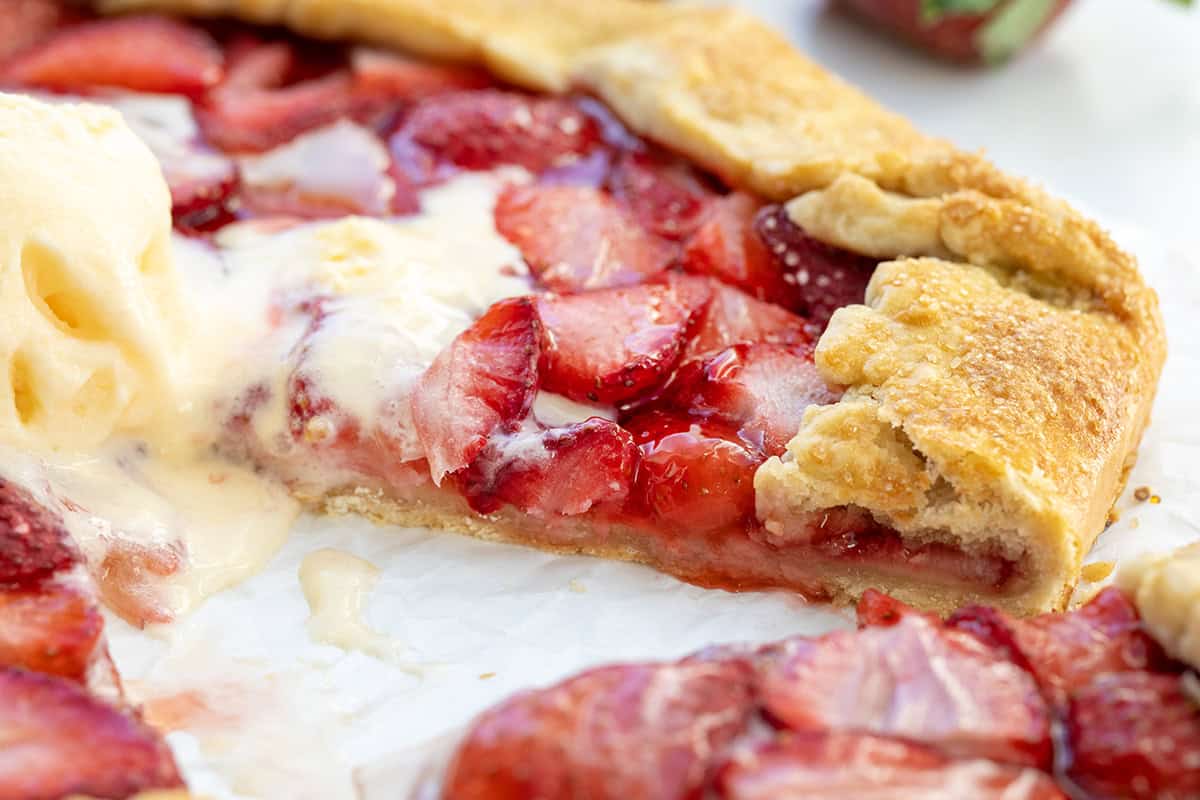 Close up of a cut piece of Strawberry Galette.