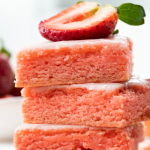 Stack of Strawberry Brownies close up showing tender texture.