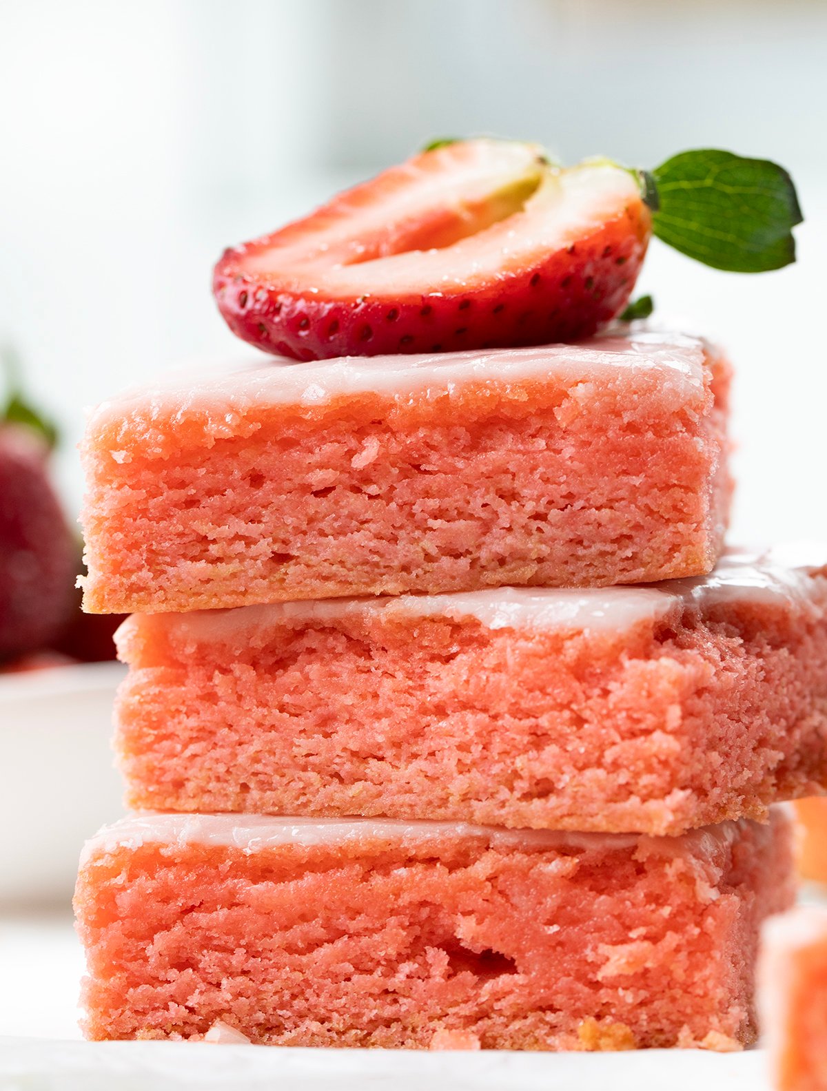 Stack of Strawberry Brownies close up showing tender texture.