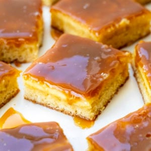 Close up of a piece of Ooey Gooey Caramel Butter Bars.