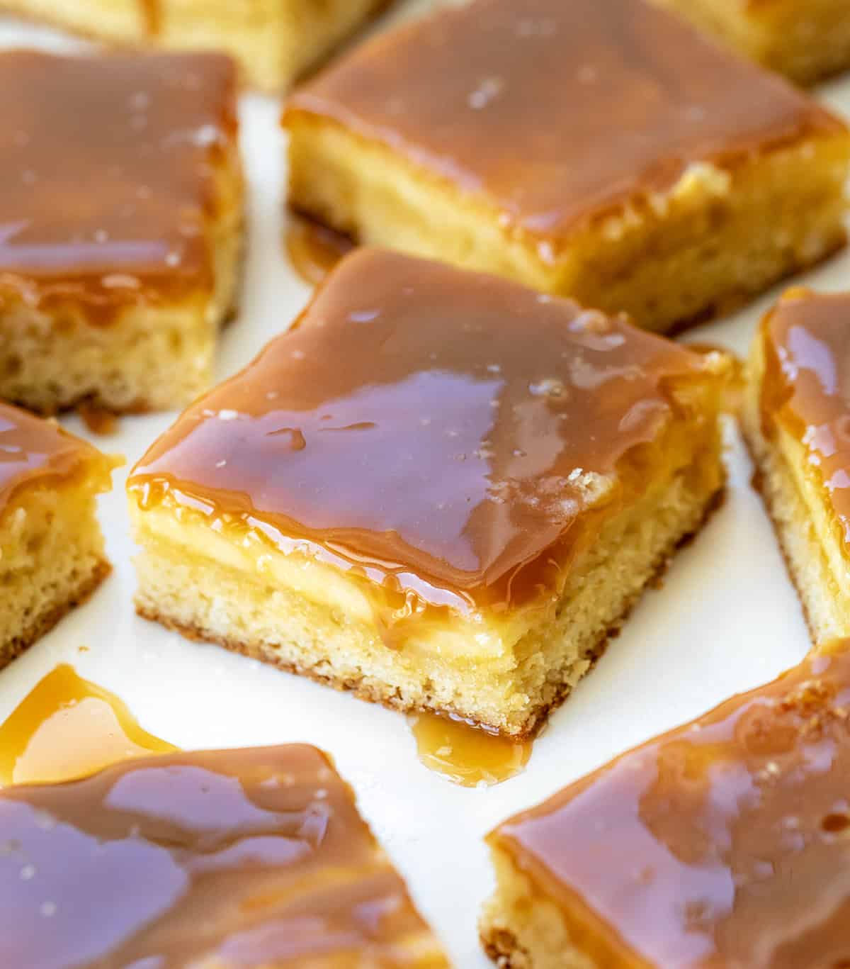 Close up of a piece of Ooey Gooey Caramel Butter Bars.