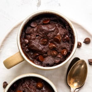 Looking down on Brownie In A Mug showing the texture and melted chocolate.