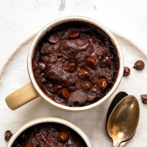 Looking down on Brownie In A Mug showing the texture and melted chocolate.