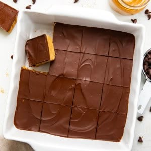 Cut up pan of Lunch Lady Peanut Butter Bars with a couple of bars removed.