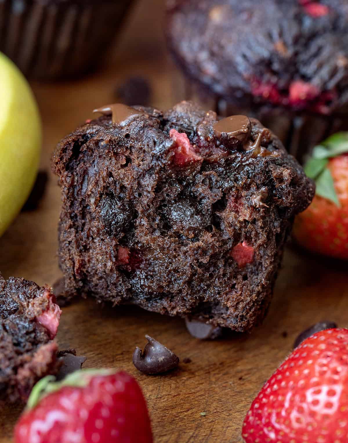If you love the combination of fruit and chocolate, these Chocolate Strawberry Banana Muffins are about to become your new favorite banana muffin recipe! Rich, moist, and packed with flavor, this easy muffin recipe combines ripe bananas, melty chocolate chips, and bursts of strawberry in every bite!