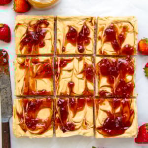 Peanut Butter and Jelly Cheesecake Bars cut into squares on a white table from overhead.