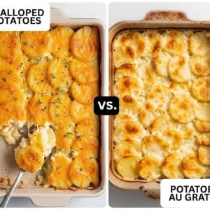 Scalloped Potatoes versus Au Gratin Potatoes in pans side by side.