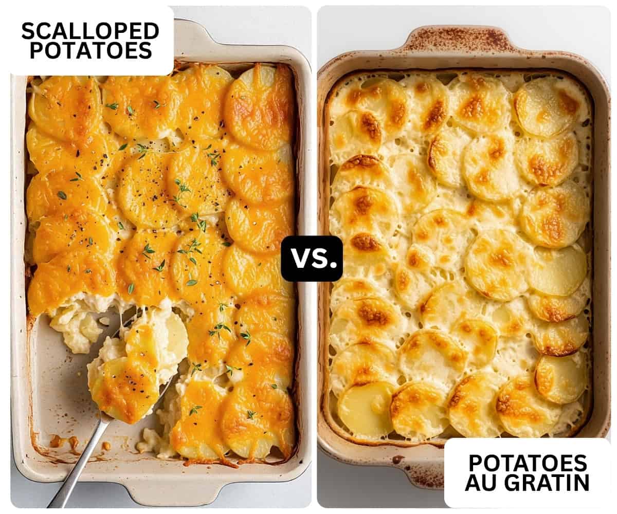 Scalloped Potatoes versus Au Gratin Potatoes in pans side by side.