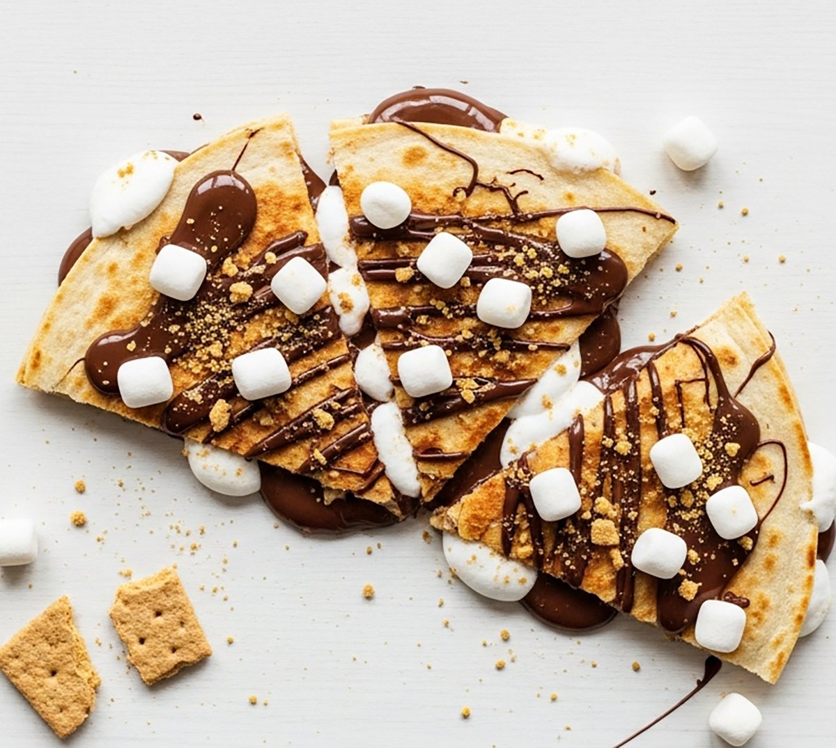 Try this easy S’mores Quesadilla recipe with gooey marshmallow fluff, creamy Nutella, and crunchy graham crackers melted inside a crispy flour tortilla. Perfect sweet snack or dessert in minutes! S'mores Quesadilla cut into triangles on a white wooden table close up.