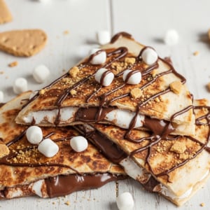 S'mores Quesadilla cut into triangles on a white wooden table close up.