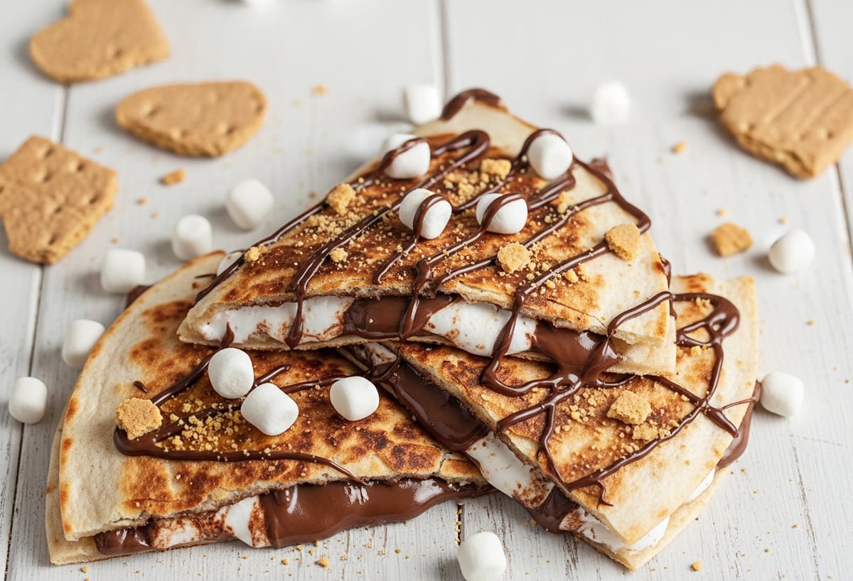 Try this easy S’mores Quesadilla recipe with gooey marshmallow fluff, creamy Nutella, and crunchy graham crackers melted inside a crispy flour tortilla. Perfect sweet snack or dessert in minutes! S'mores Quesadilla cut into triangles on a white wooden table close up.