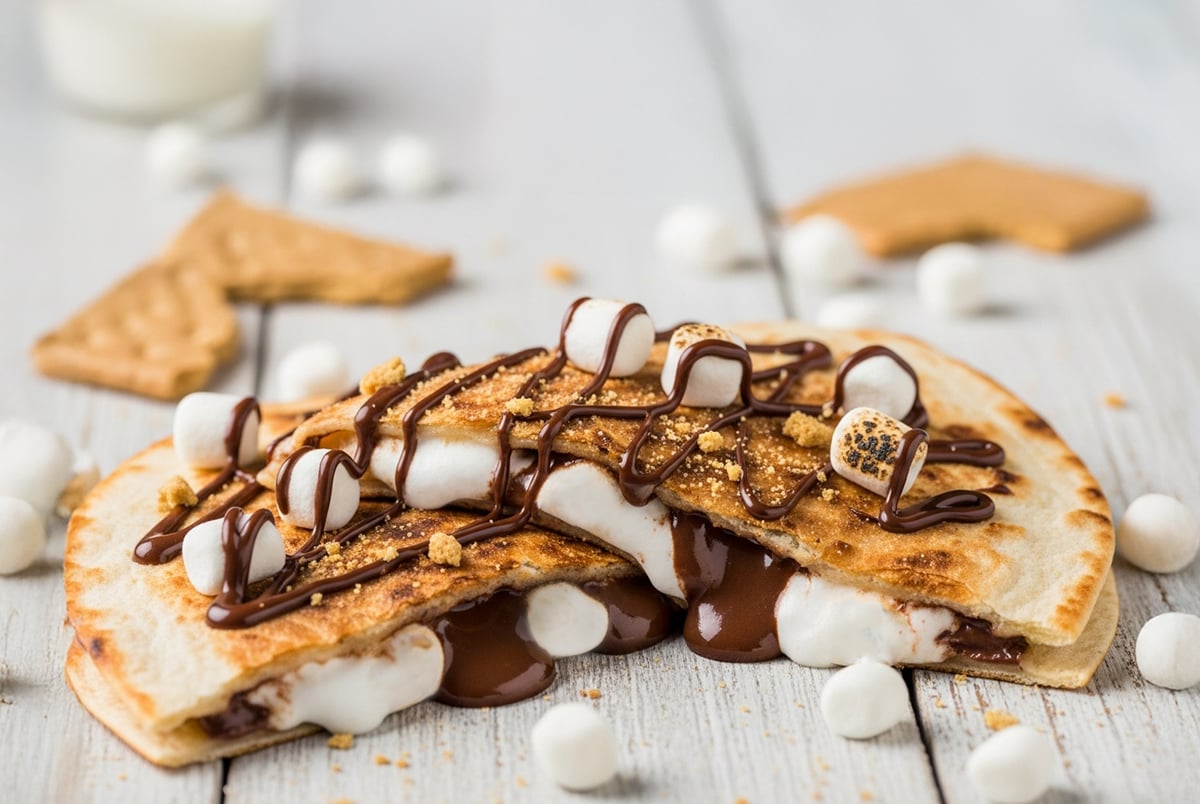 Try this easy S’mores Quesadilla recipe with gooey marshmallow fluff, creamy Nutella, and crunchy graham crackers melted inside a crispy flour tortilla. Perfect sweet snack or dessert in minutes! S'mores Quesadilla cut into triangles on a white wooden table close up.