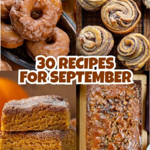 Collage of pumpkin donuts, apple butter cruffins, pumpkin snickerdoodle brownies, and caramel apple fritter bread with the words 30 Recipes for September.