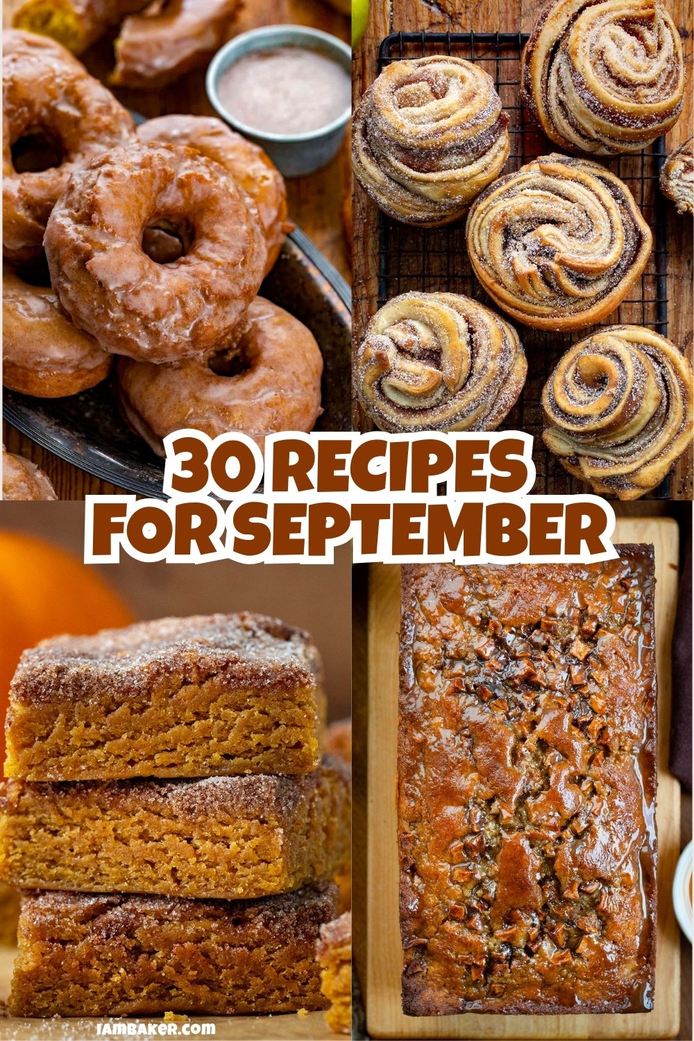 Collage of pumpkin donuts, apple butter cruffins, pumpkin snickerdoodle brownies, and caramel apple fritter bread with the words 30 Recipes for September.