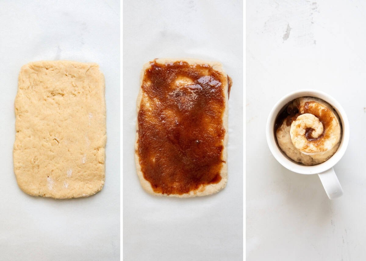 Steps for making Caramel Roll in a Mug with dough, filling, and raw dough in a mug.