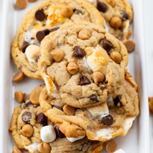 Stack of Peanut Butter Marshmallow Cookies on a white platter.
