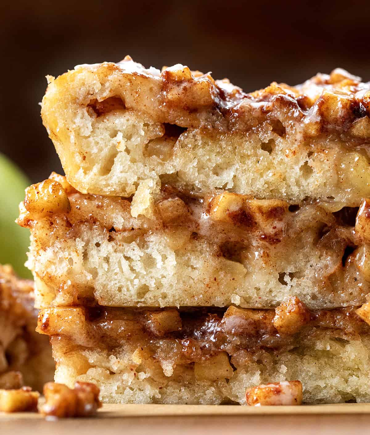 Stack of Apple Fritter Focaccia very close up.