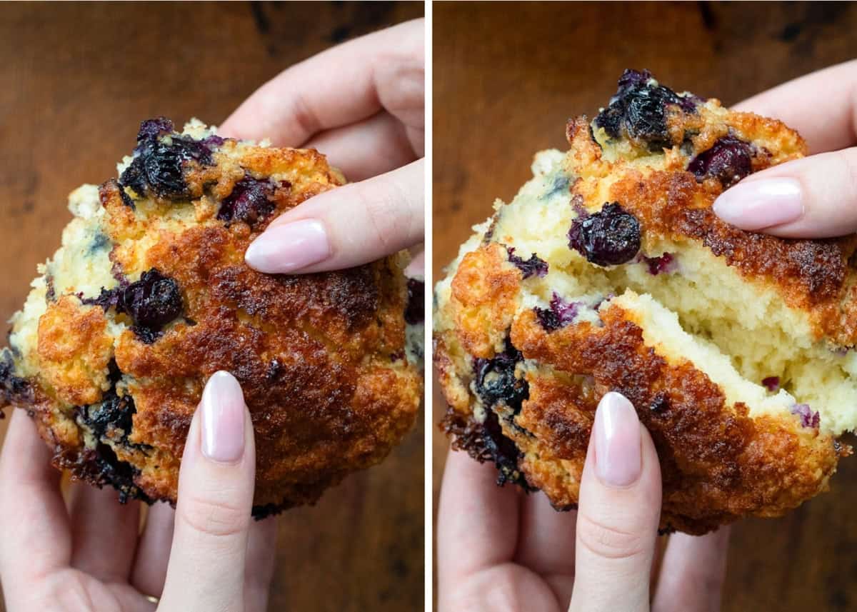Hands holding a Blueberry Cinnamon Crunch Cathead Biscuit and then breaking it apart showing the size.