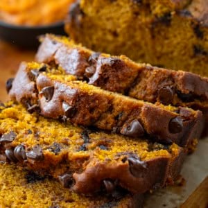 Close up of slices of Chocolate Chip Pumpkin Bread.