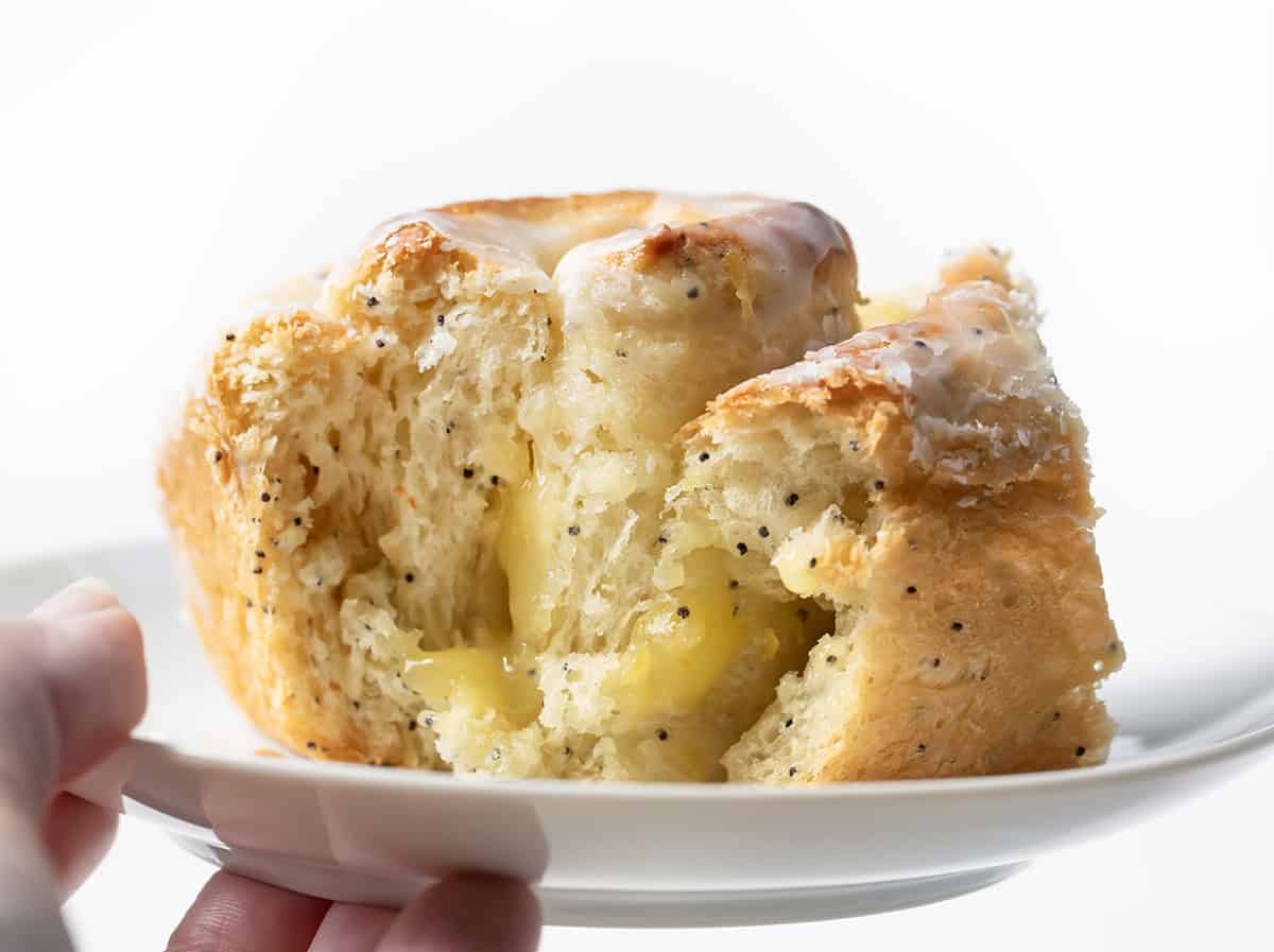 Hand holding a white plate with a Lemon Poppy Seed Roll on it.