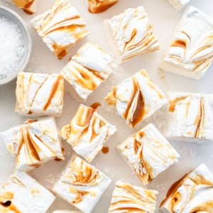 Salted Caramel Swirl Marshmallows cut into squares and separated from overhead.