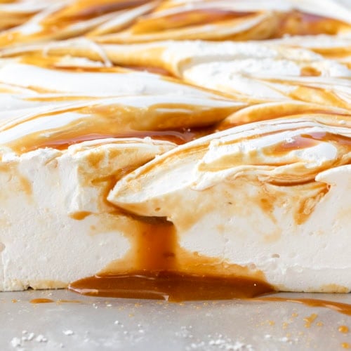 Caramel spilling out of Salted Caramel Swirl Marshmallows.