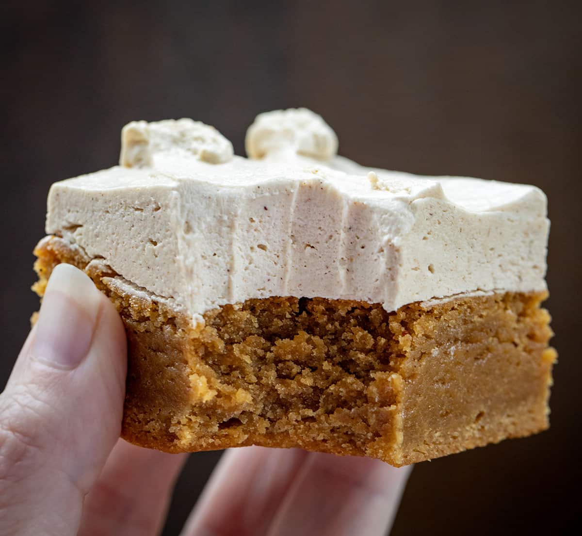 These Frosted Gingerbread Brownies start with my beloved gingerbread brownie base and get a decadent upgrade with a creamy gingerbread ermine frosting. The brownies are soft, tender, and perfectly spiced, while the frosting adds a silky, sweet layer that melts in your mouth! Hand holding a bit into Frosted Gingerbread Brownie.