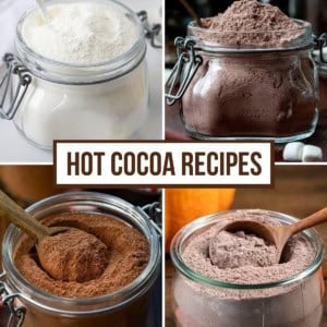 Image collage of hot cocoa mix, white chocolate hot cocoa mix, peppermint hot cocoa mix, and pumpkin spice hot cocoa mix.