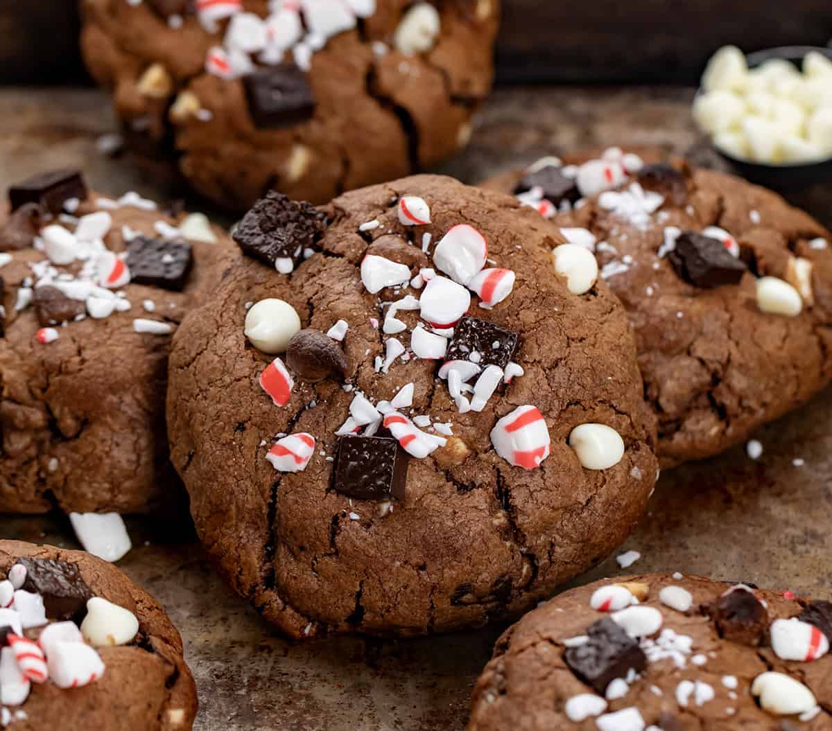 Triple Chocolate Peppermint Cookies close up and layered.