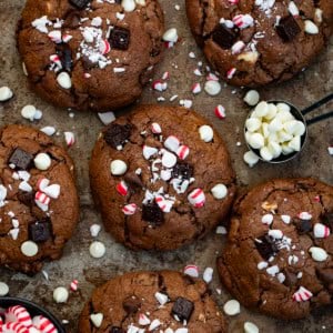 Triple Chocolate Peppermint Cookies from overhead with white chocolate chips and peppermints.