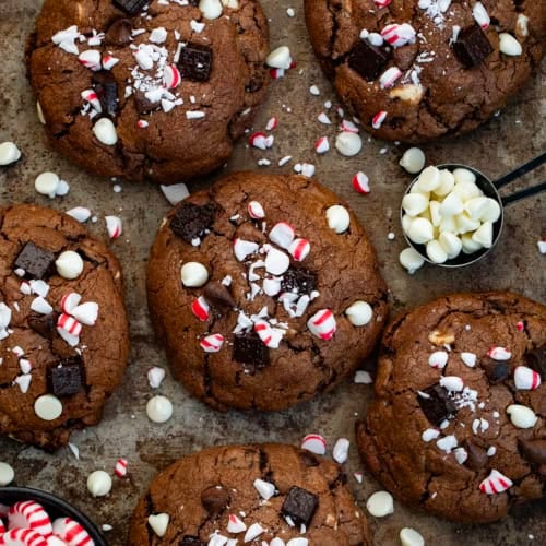 Triple Chocolate Peppermint Cookies from overhead with white chocolate chips and peppermints.