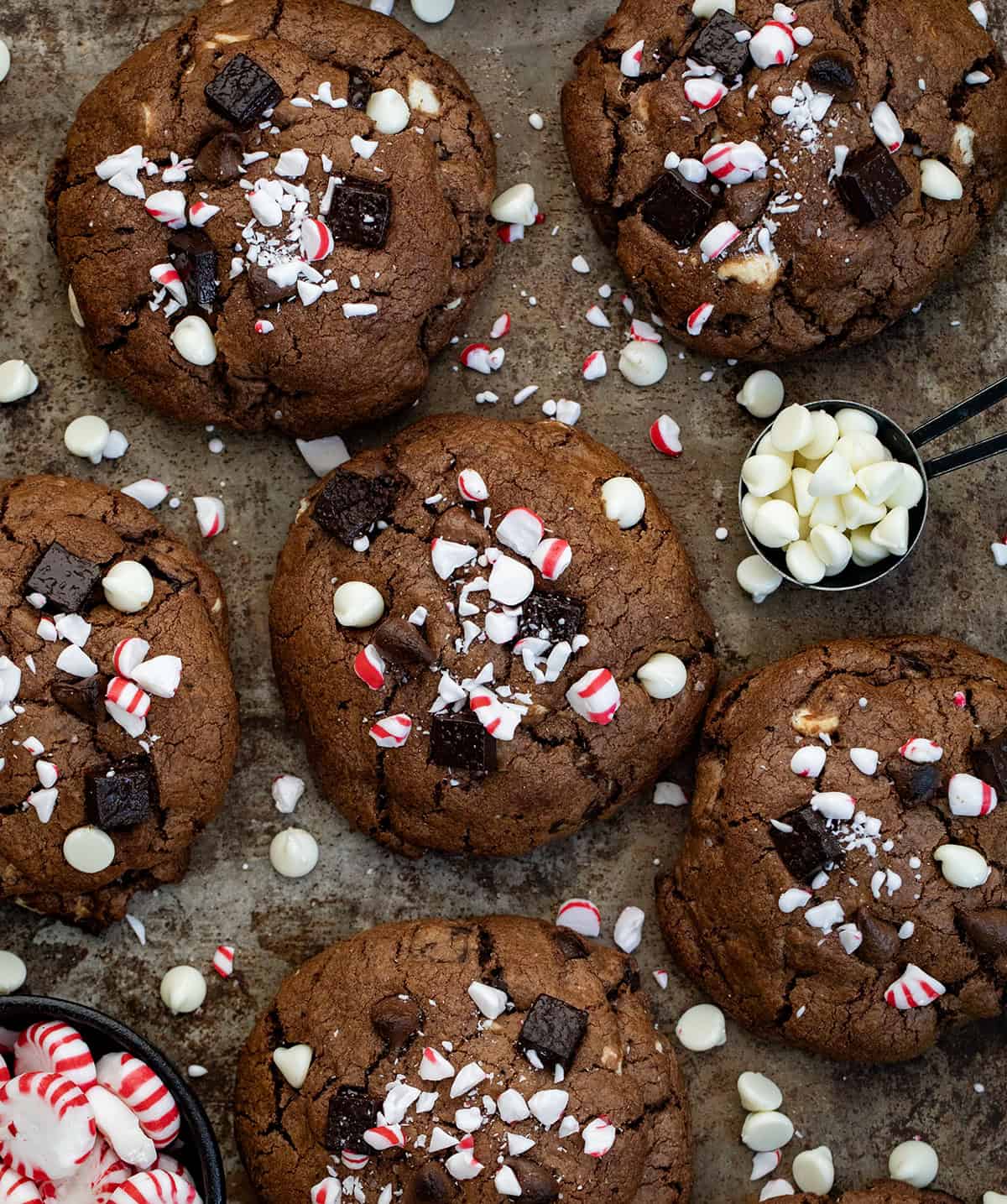Triple Chocolate Peppermint Cookies from overhead with white chocolate chips and peppermints.