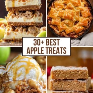 Collage with stack of caramel apple bars, apple puff pastry skillet, apple crisp, and apple cider brownies.