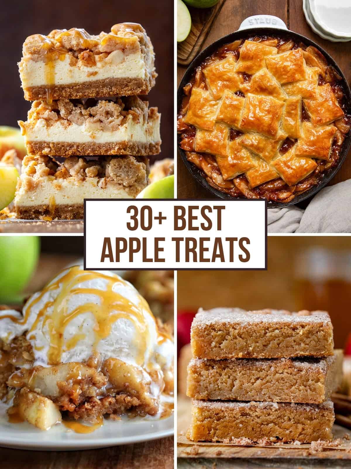 Apple season is the sweetest time of year, and I’ve gathered my very best apple recipes to inspire your fall baking and holiday desserts. From classic apple pies and crisps to tender cakes, cookies, and breads, these recipes celebrate everything we love about apples: cozy, comforting, and full of flavor. Collage with stack of caramel apple bars, apple puff pastry skillet, apple crisp, and apple cider brownies.