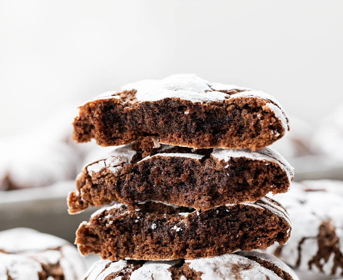 Broken in half Chocolate Peppermint Crinkle Cookies showing inside texture.