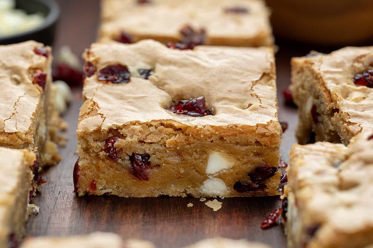 Close up of Cranberry White Chocolate Blondie.