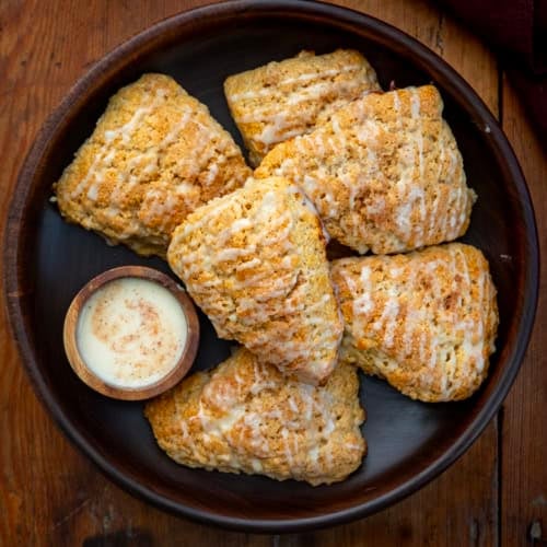 Platter of Eggnog Scones with glaze.